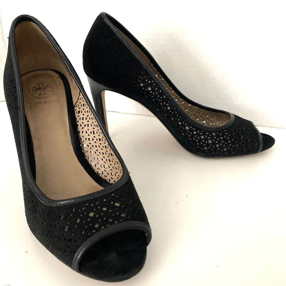 Tory Burch Elinor 90mm Pump Kid Suede Peep Toe Laser Cut Black Slim Heel 5.5